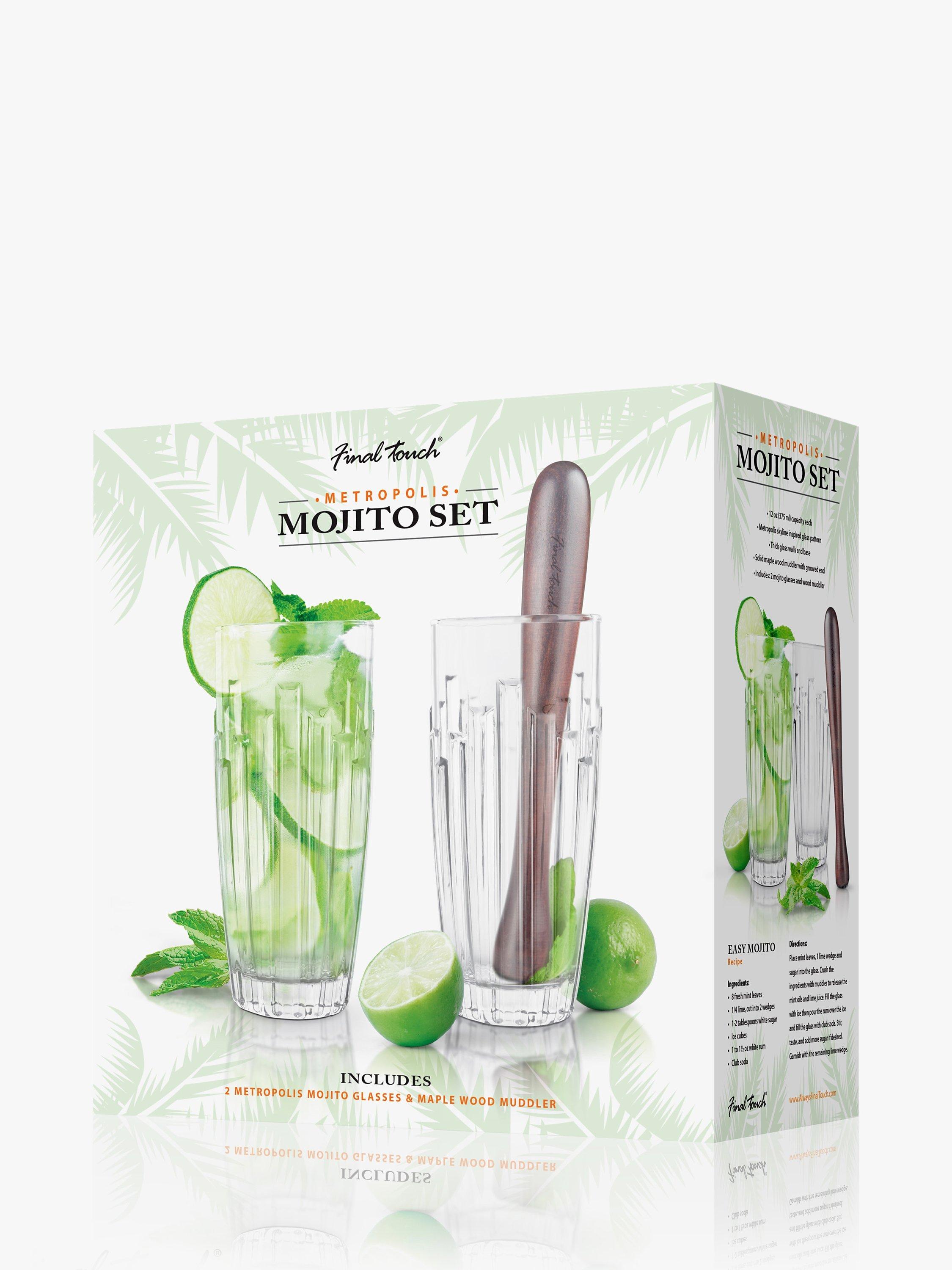 Final Touch Metropolis 2 Mojito Cocktail Glasses & Maple Wood Muddler Gift Set