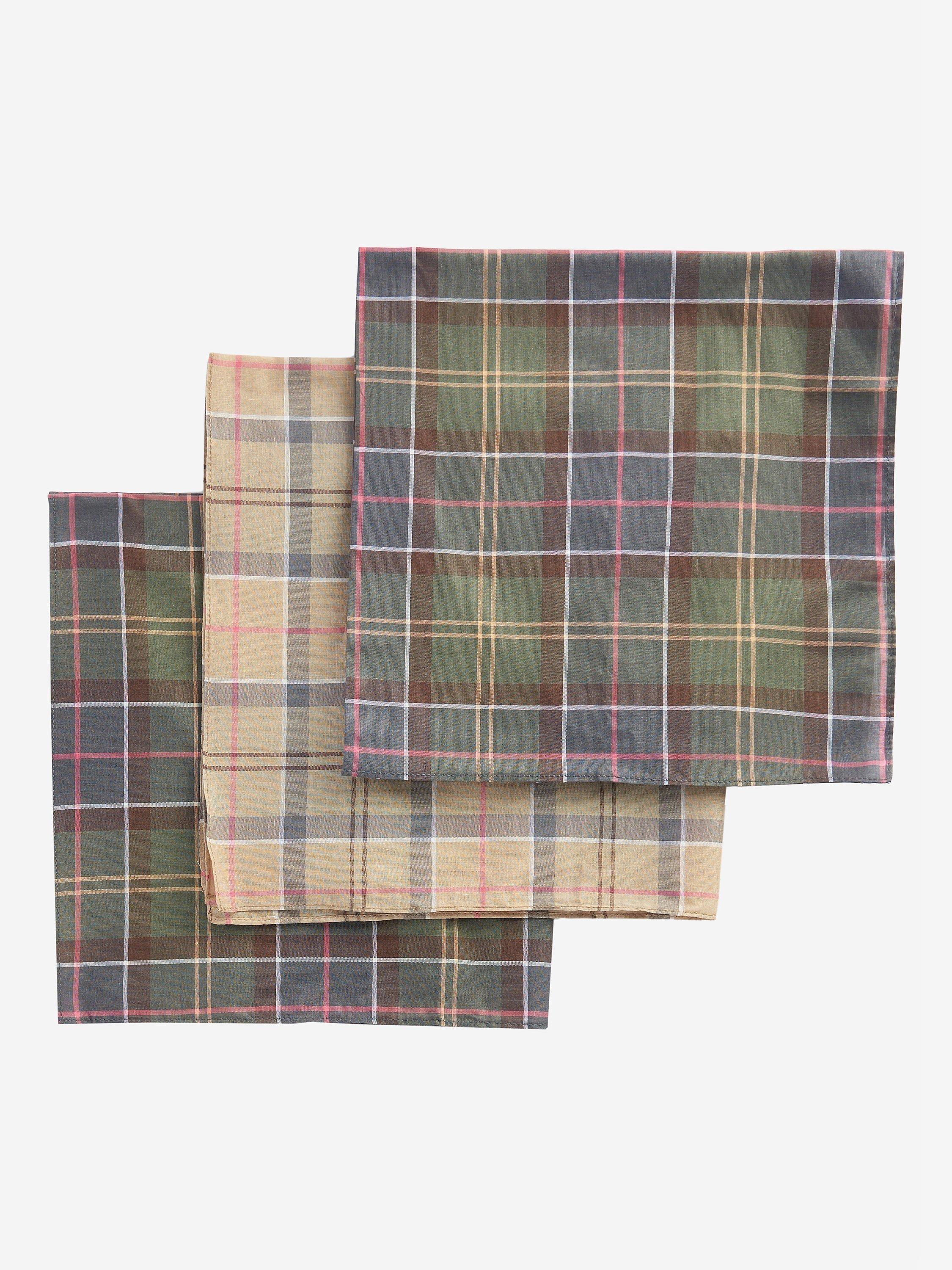 Product image 1 of 6, which shows Barbour Tartan Check Cotton Handkerchiefs, Pack Of 3, Green/Beige