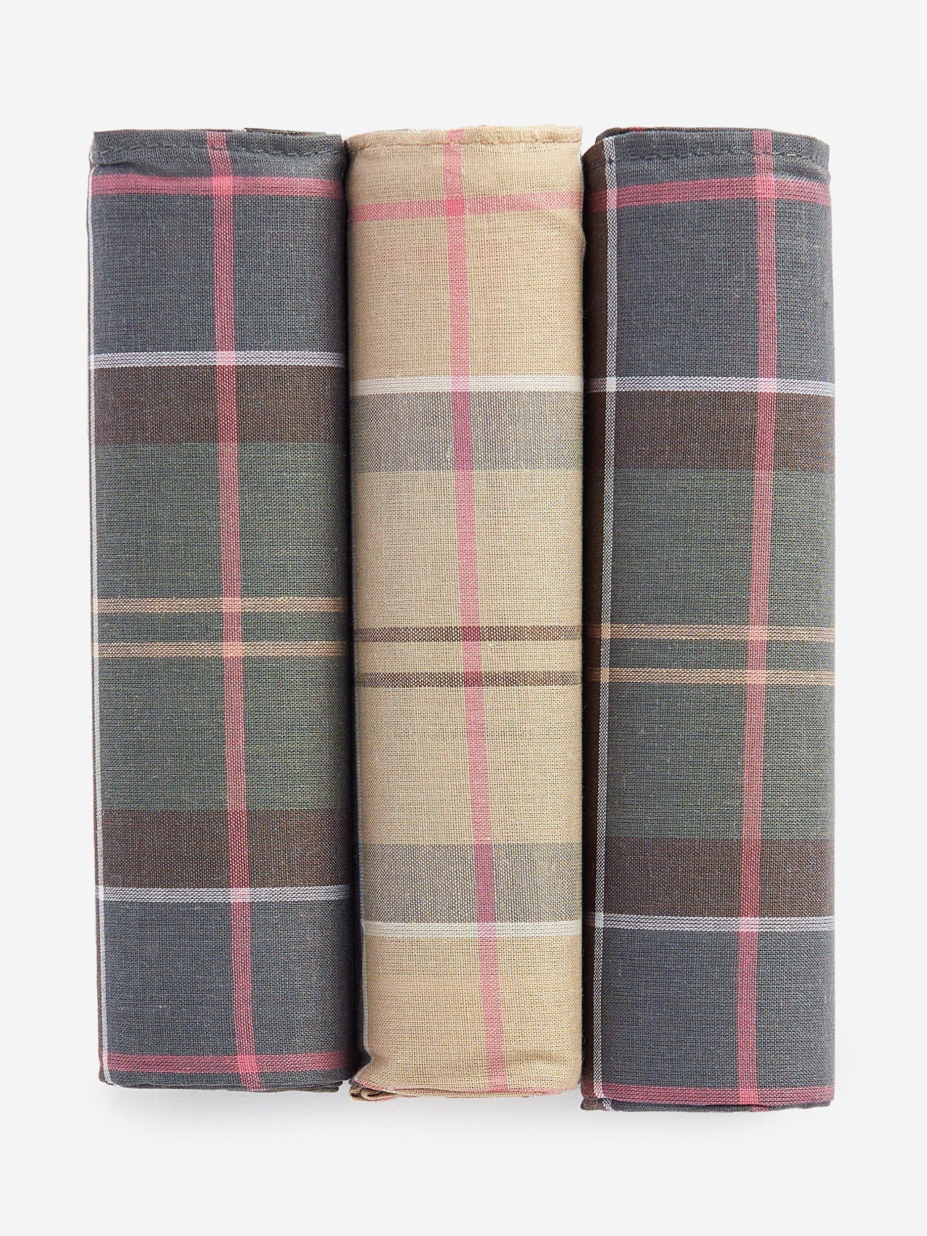Product image 2 of 6, which shows Barbour Tartan Check Cotton Handkerchiefs, Pack Of 3, Green/Beige