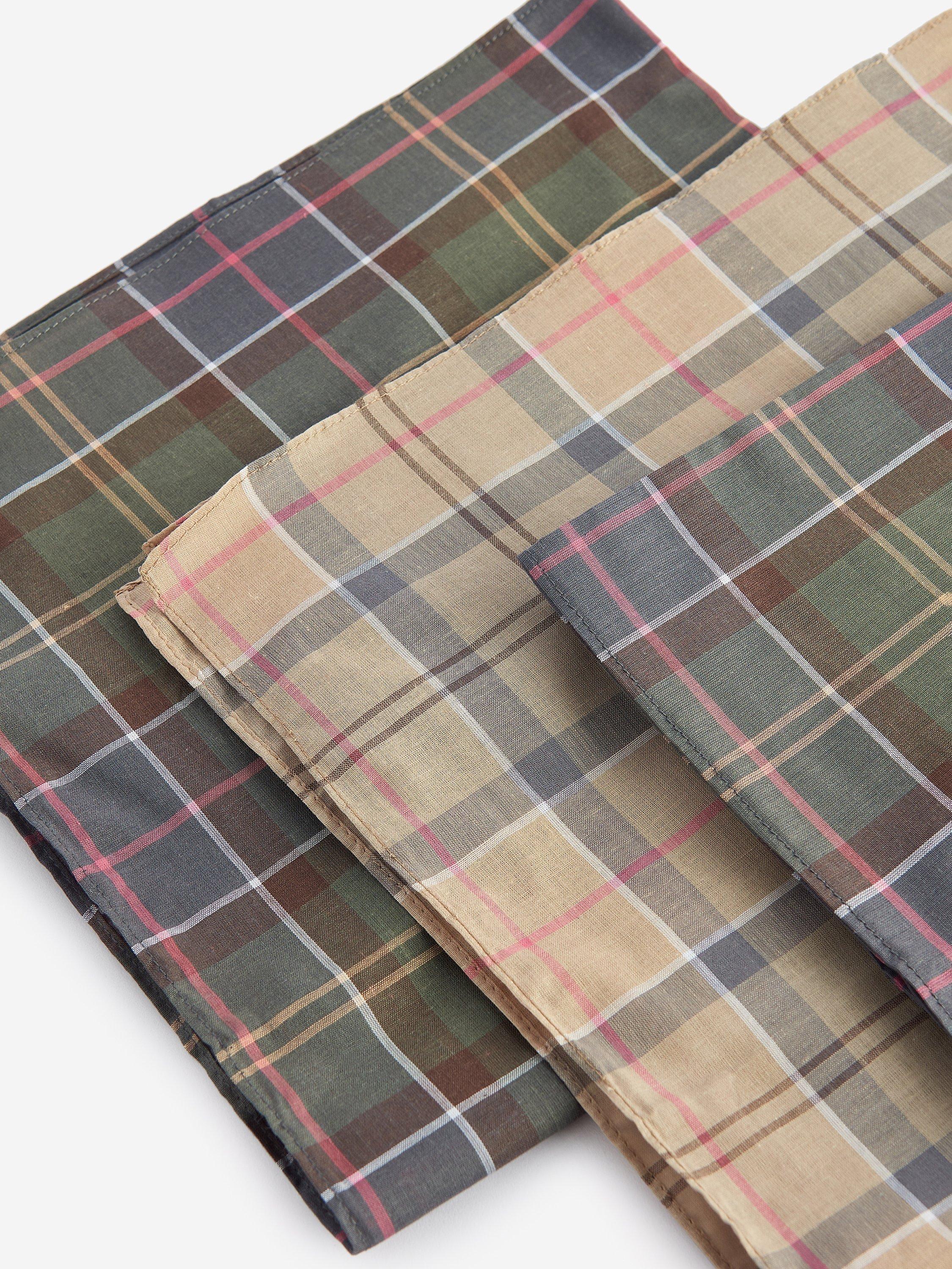 Product image 4 of 6, which shows Barbour Tartan Check Cotton Handkerchiefs, Pack Of 3, Green/Beige