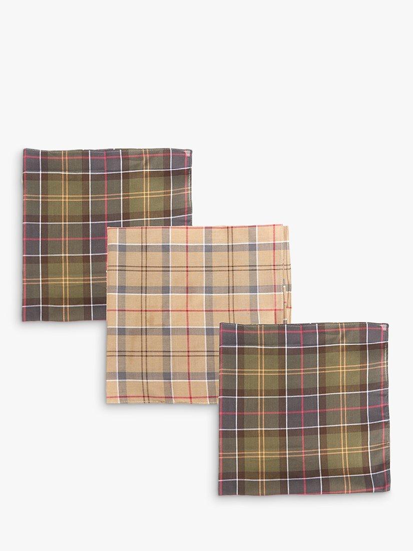 Product image 6 of 6, which shows Barbour Tartan Check Cotton Handkerchiefs, Pack Of 3, Green/Beige