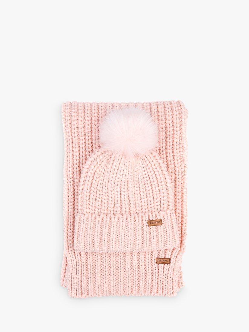Barbour Saltburn Faux Fur Pom Beanie and Scarf Gift Set, Pink