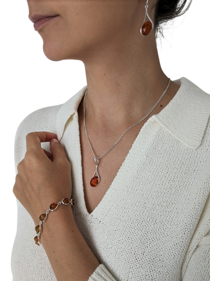 Be-Jewelled Amber Sterling Silver Pendant Necklace, Cognac - view 2, Cognac