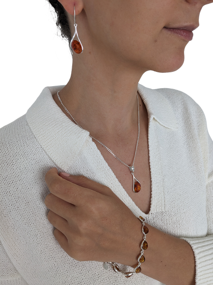 Be-Jewelled Amber Sterling Silver Drop Earrings, Cognac - view 2, Cognac