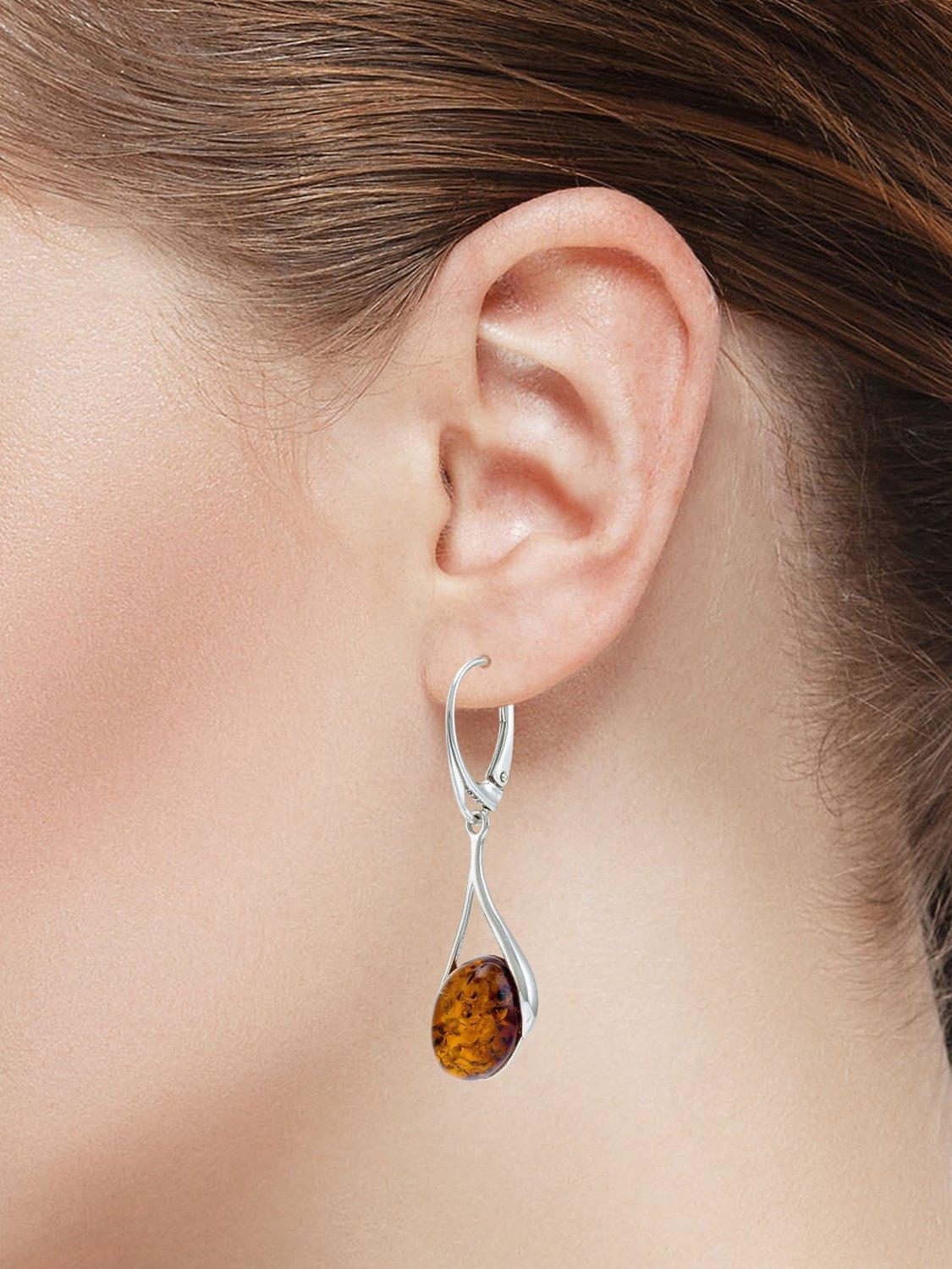 Product image 3 of 4, which shows Be-Jewelled Amber Sterling Silver Drop Earrings, Cognac