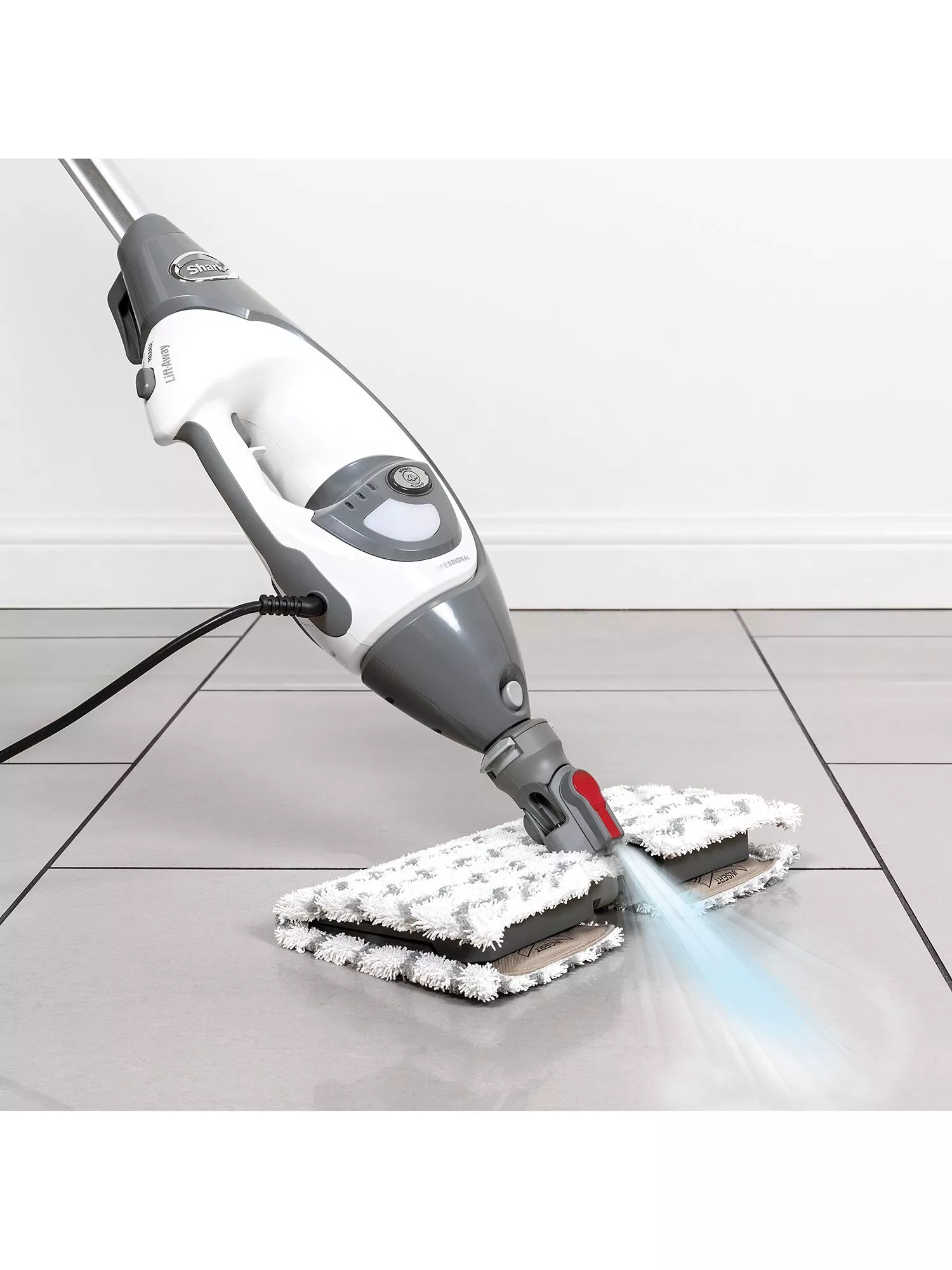 A steam cleaner is shown cleaning a tiled floor, emitting steam for effective sanitisation.