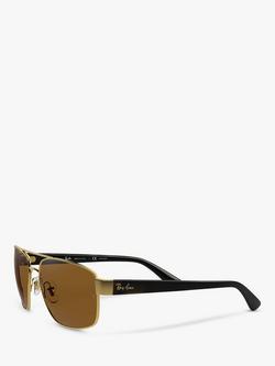 Ray-Ban RB3663 Men's Polarised Rectangular Sunglasses - view 2, Gold/Brown