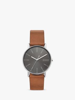 Skagen Men's Signatur Leather Strap Watch, Tan/Grey
