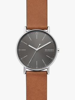 Skagen Men's Signatur Leather Strap Watch - view 2, Tan/Grey