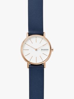Skagen Women's Signatur Leather Strap Watch, Blue/Rose Gold, Blue/Rose Gold Skw2838