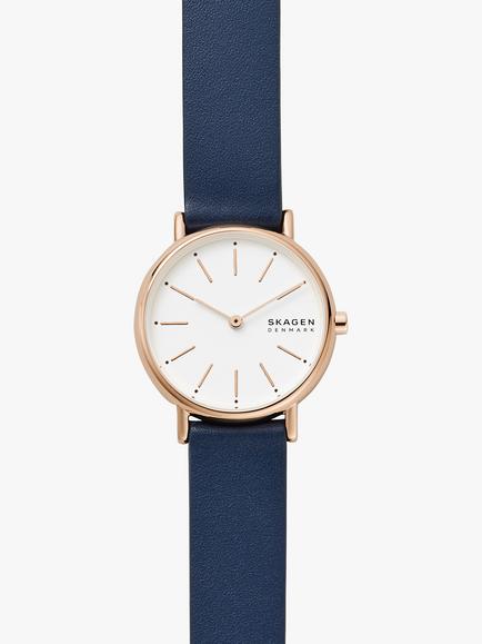 Skagen Women's Signatur Leather Strap Watch, Blue/Rose Gold, Blue/Rose Gold Skw2838
