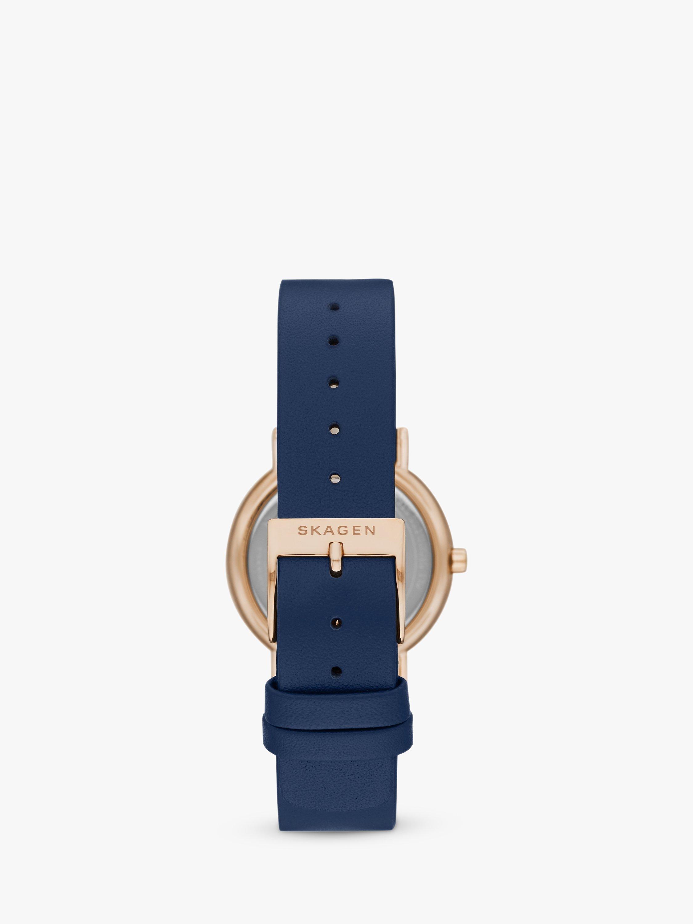 Product image 3 of 5, which shows Skagen Women's Signatur Leather Strap Watch, Blue/Rose Gold