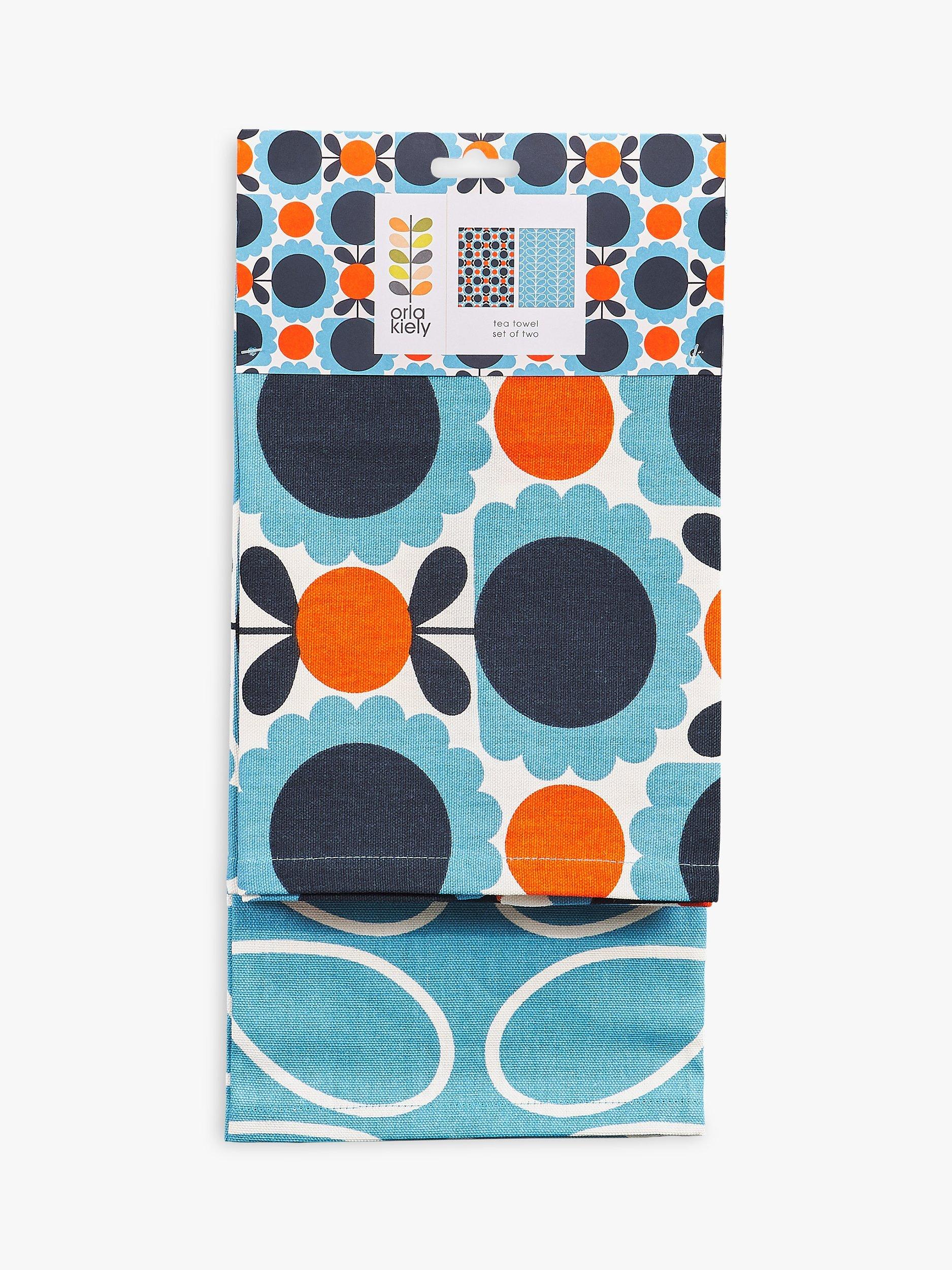 Orla Kiely Scallop Flower & Linear Stem Tea Towels, Set of 2, Sky Blue/Multi