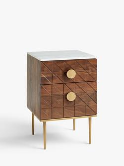 John Lewis Trinity Marble Top Acacia Wood Bedside Table, Brown, Brown