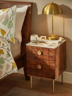 John Lewis Trinity Marble Top Acacia Wood Bedside Table, Brown - view 2, Brown