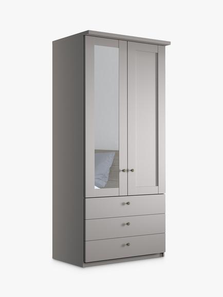 John Lewis Marlow 100cm Hinged Wardrobe with Left Mirror & 3 Drawers, Pebble Grey