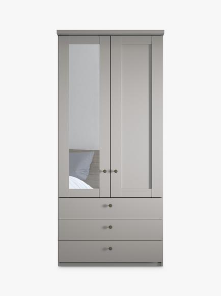 John Lewis Marlow 100cm Hinged Wardrobe with Left Mirror & 3 Drawers - view 2, Pebble Grey