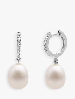 E.W Adams 9ct White Gold Diamond and Pearl Hoop Earrings, White, White