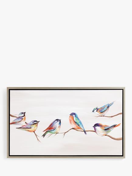 John Lewis 'Birds Chatting' Hand-Painted Framed Canvas Print, 65 x 105cm, Multi, Multi