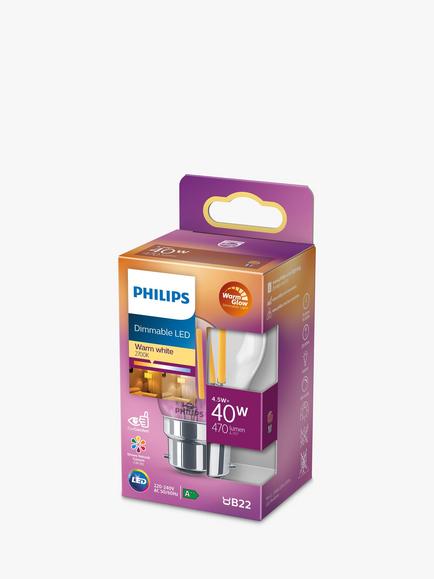 Philips 40W P45 B22 BC LED Dimmable Classic Bulb, Clear - view 2, Clear