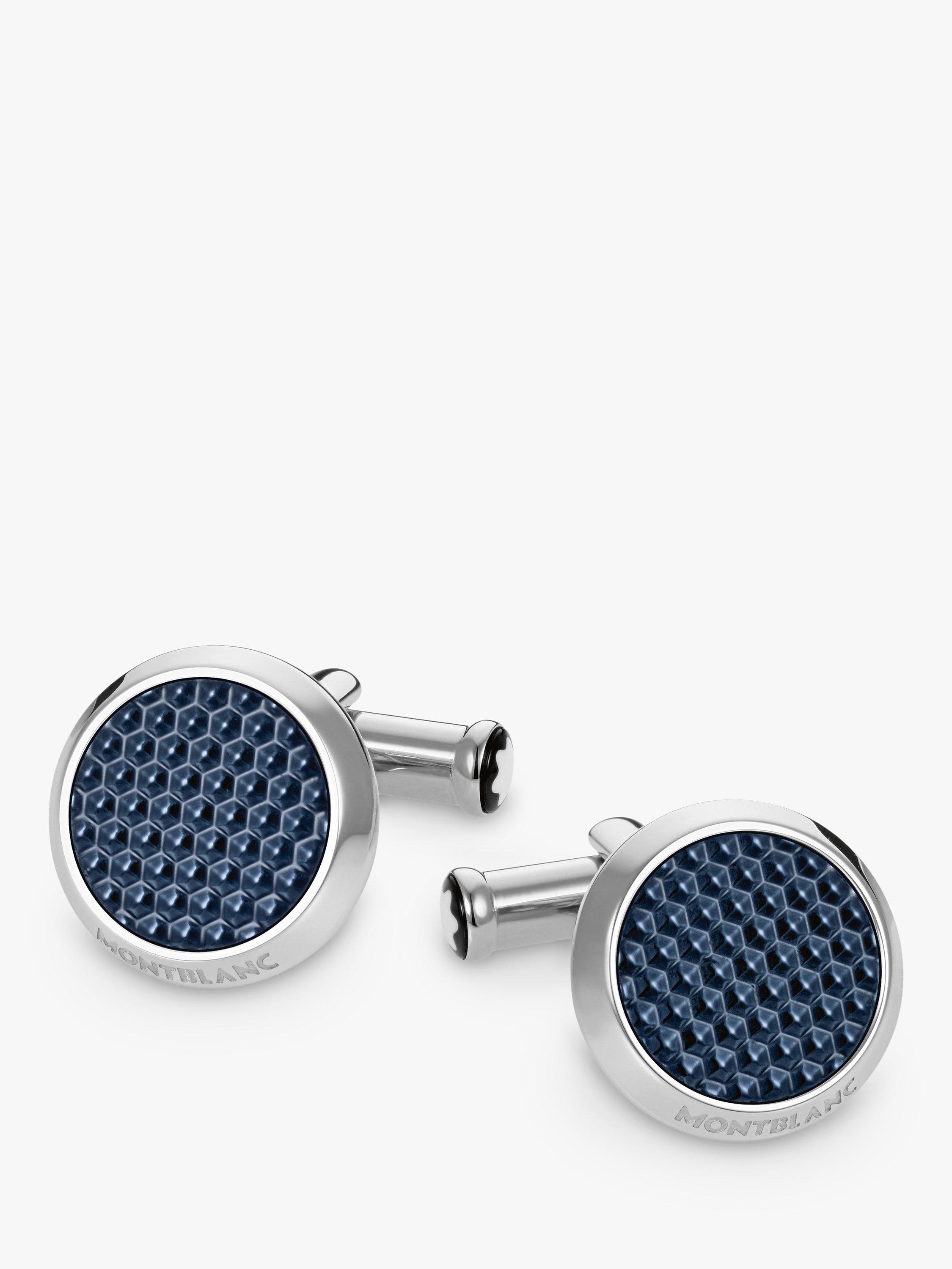 Product image 1 of 2, which shows Montblanc Meisterstuck Hexagon Inlay Round Cufflinks, Silver/Blue