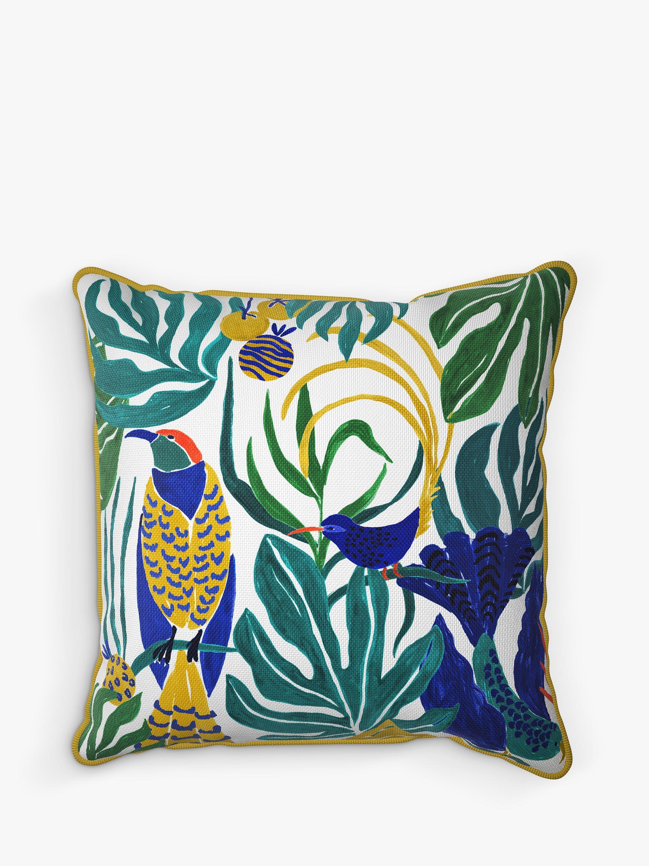 John Lewis Tropical Bird Print Garden Cushion, 50 x 50cm, Green/Multi