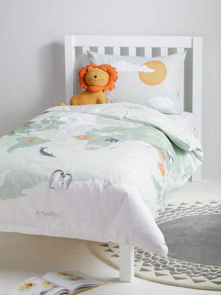 John Lewis World Map Reversible Pure Cotton Duvet Cover and Pillowcase Set, Single, Green, Green