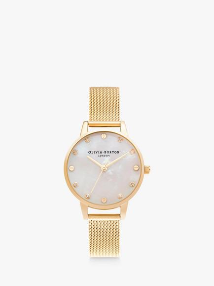 Olivia Burton Women's Classic Crystal Mesh Bracelet Strap Watch, Gold/Mother Of Pearl Ob16se08