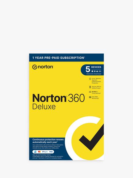 Norton 360 Deluxe, 1 Year Pre-Paid Subscription for 1 User and 5 Devices, 