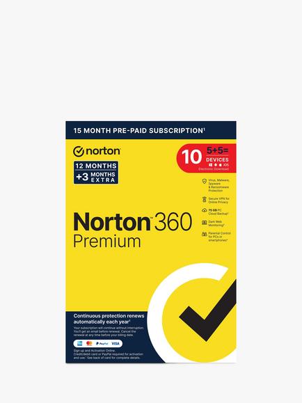 Norton 360 Premium, 15 Months Pre-Paid Subscription for 5 Devices and 5 Users, 