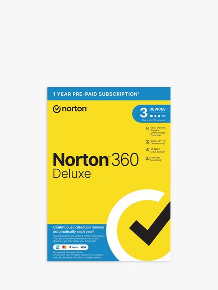 Norton 360 Deluxe, 1 Year Pre-Paid Subscription for 3 Devices and 1 User, 