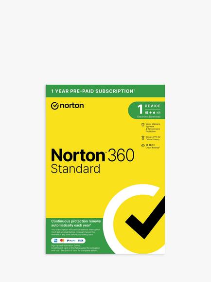 Norton 360 Standard, 1 Year Pre-Paid Subscription for 1 Device and 1 User, 