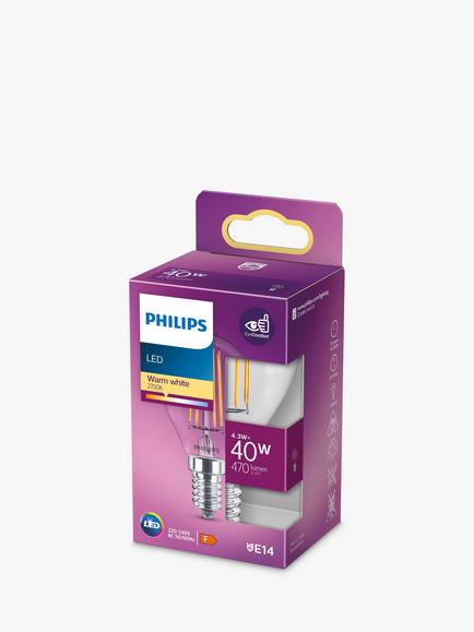 Philips 4.3W E14 SES LED Non-Dimmable Classic Bulb, Clear - view 2, White