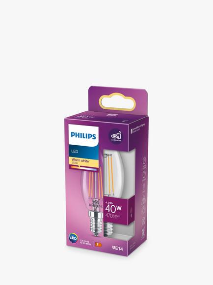 Philips 4.3W E14 SES LED Non-Dimmable Candle Bulb, Clear - view 2, White