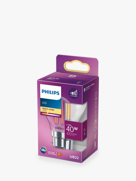 Philips 4.3W B22 BC LED Non-Dimmable Classic Bulb, Clear - view 2, White