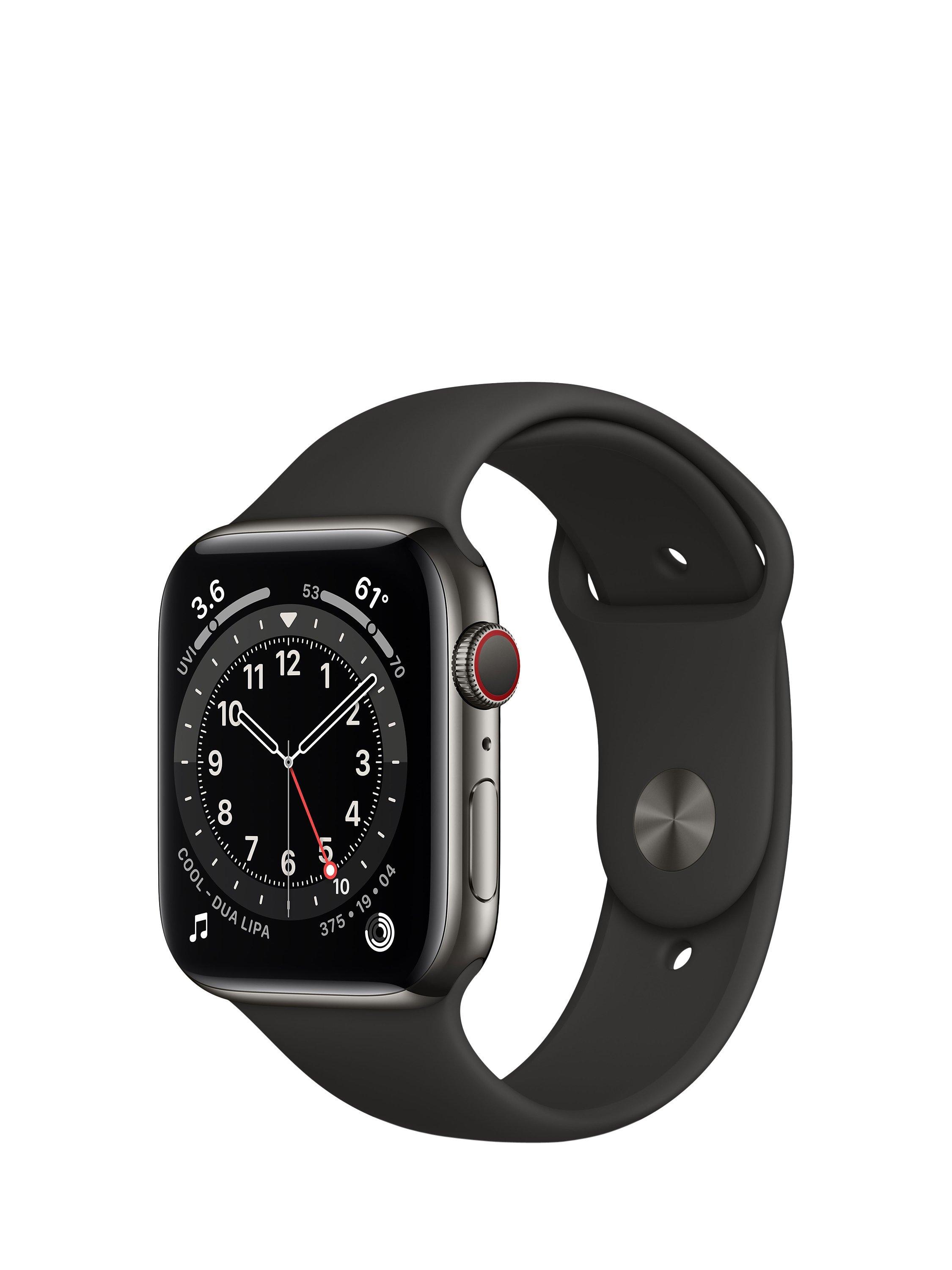 Apple Watch Series 6 GPS + Cellular, 44mm Graphite Stainless Steel Case with Black Sport Band - Regular