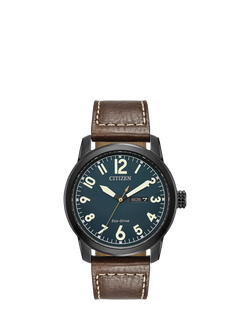 Citizen BM8478-01L Men's Day Date Leather Strap Watch, Brown/Blue, Brown/Blue
