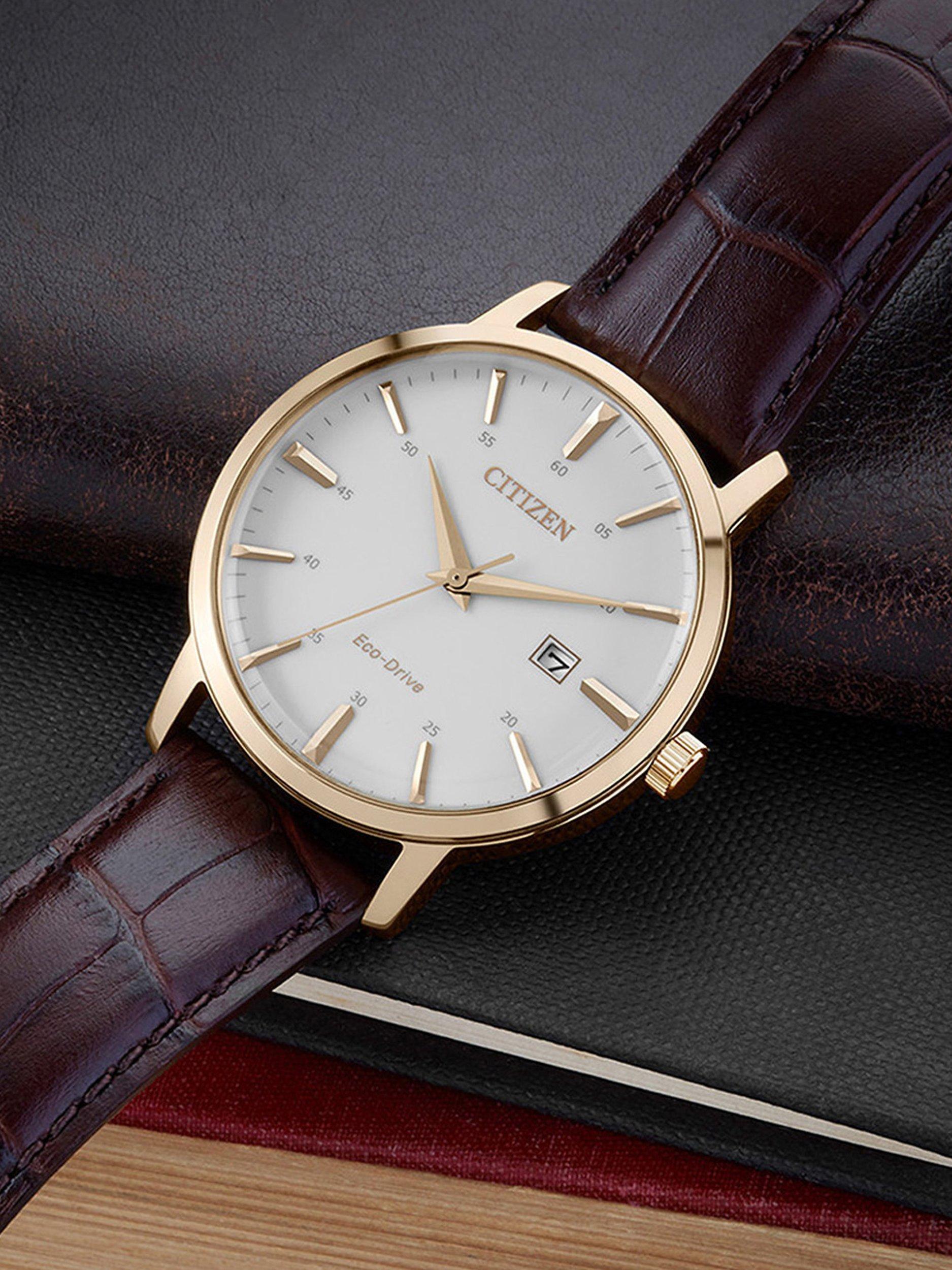 Product image 3 of 6, which shows Citizen BM7463-12A Men's Eco-Drive Date Leather Strap Watch, Brown/White