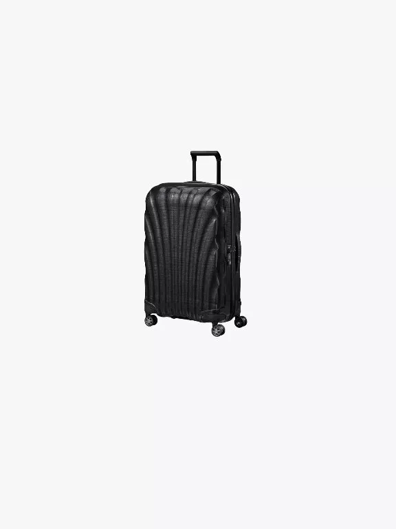 Black hard-shell spinner suitcase with telescopic handle and TSA lock, ideal lightweight travel luggage
