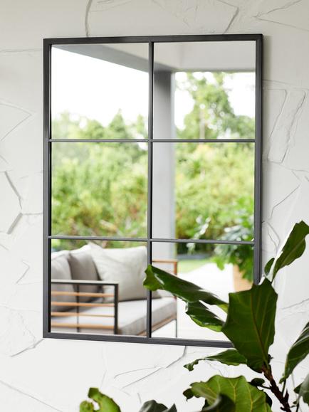 Rectangular Metal Frame Glass Pane Indoor/Outdoor Wall Mirror, Black - view 2, Black