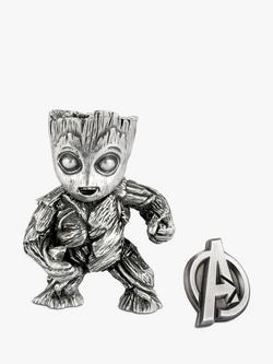 Royal Selangor Mini Groot Figurine and Avengers Insignia Lapel Pin Set, Silver