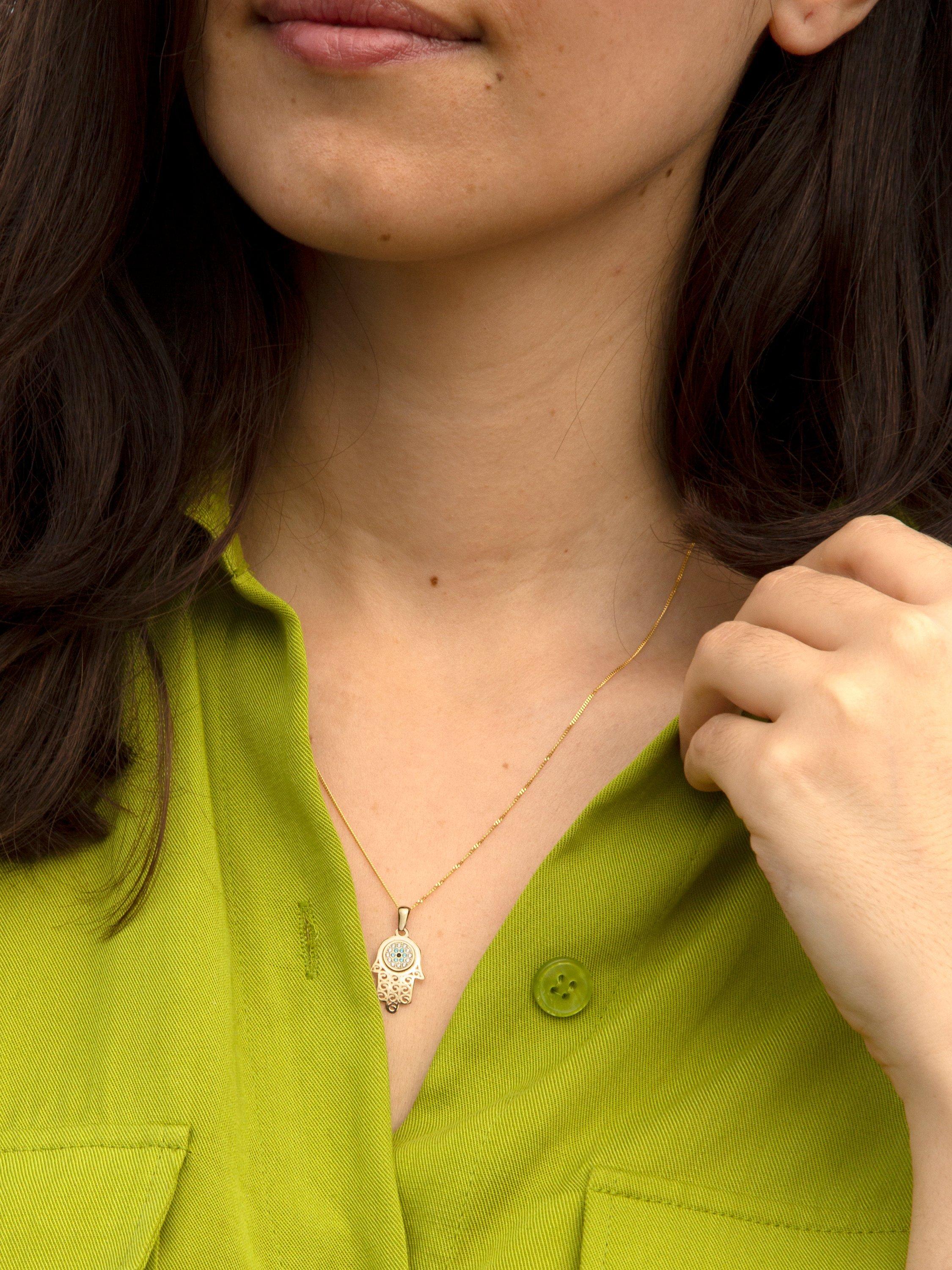 Product image 2 of 4, which shows IBB 9ct Gold Cubic Zirconia Evil Eye Hamsa Hand Pendant Necklace