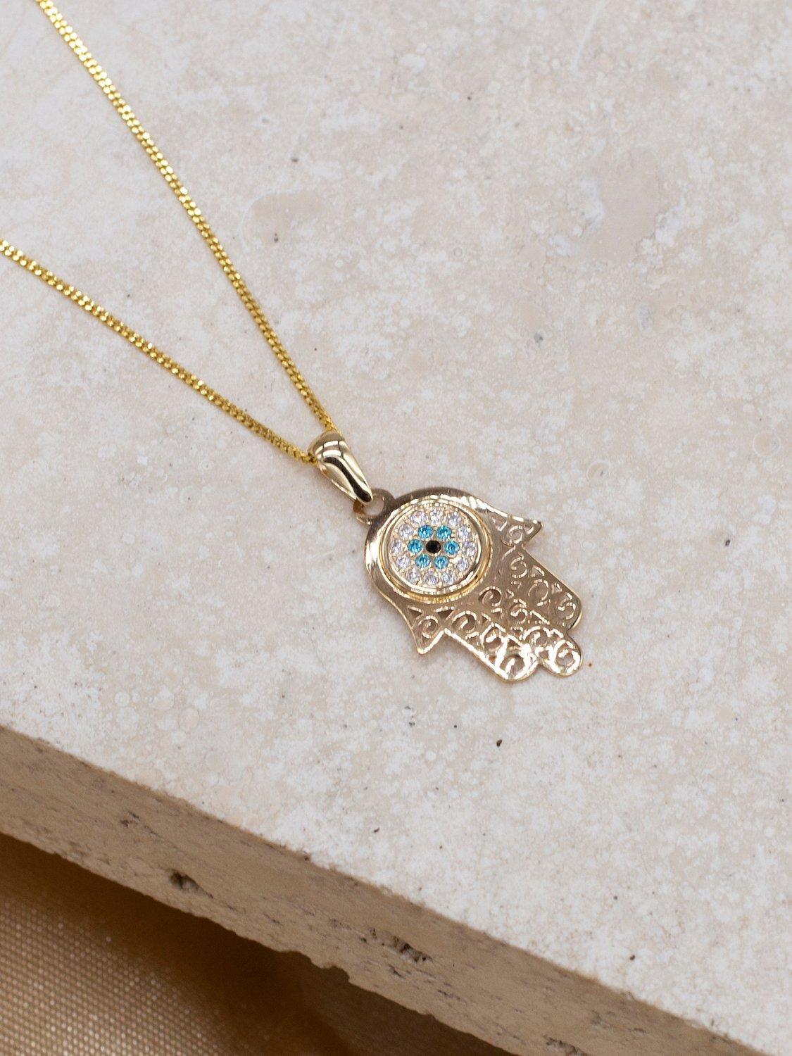 Product image 3 of 4, which shows IBB 9ct Gold Cubic Zirconia Evil Eye Hamsa Hand Pendant Necklace