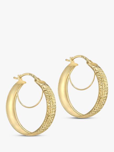 IBB 9ct Gold Diamond Cut Double Hoop Creole Earrings, Gold