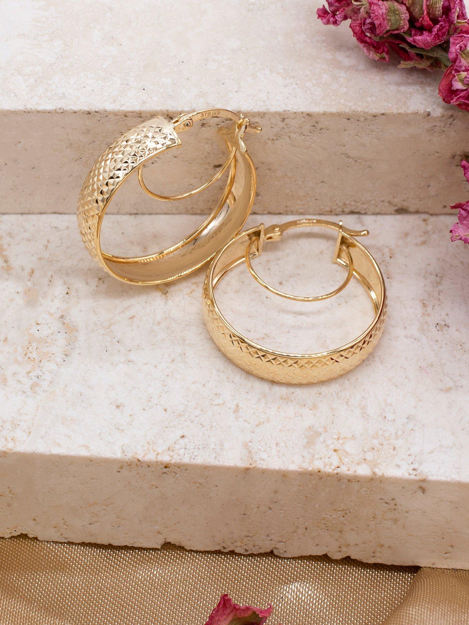 Product image 4 of 4, which shows IBB 9ct Gold Diamond Cut Double Hoop Creole Earrings