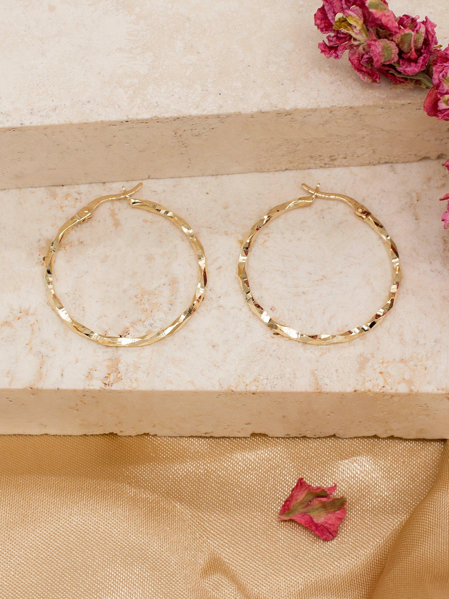 Product image 2 of 4, which shows IBB 9ct Gold Diamond Cut Faceted Hoop Creole Earrings