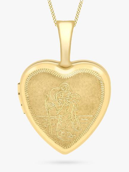 IBB 9ct Gold Etched St Christopher Heart Locket Pendant Necklace, Gold