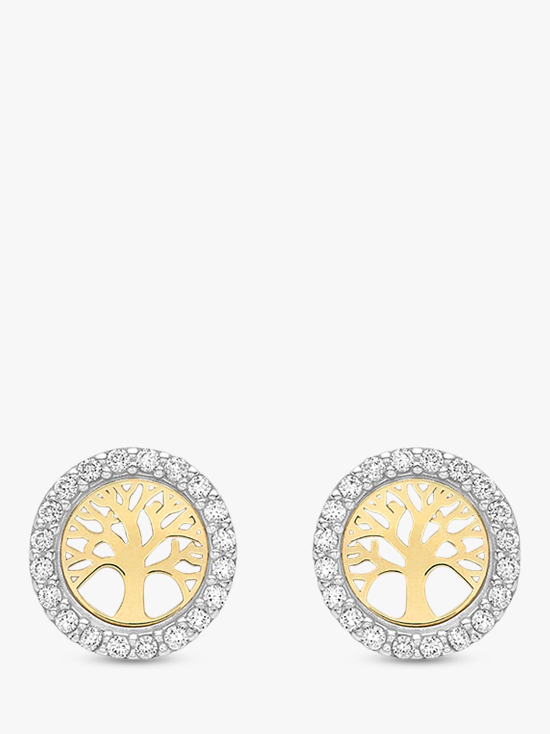 Product image 1 of 4, which shows IBB 9ct Gold Cubic Zirconia Life Tree Stud Earrings, Yellow Gold/White Gold