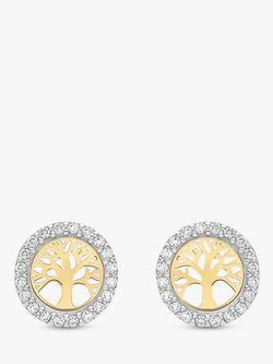 IBB 9ct Gold Cubic Zirconia Life Tree Stud Earrings, Yellow Gold/White Gold, Yellow Gold/White Gold