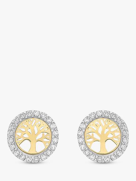 IBB 9ct Gold Cubic Zirconia Life Tree Stud Earrings, Yellow Gold/White Gold, Yellow Gold/White Gold